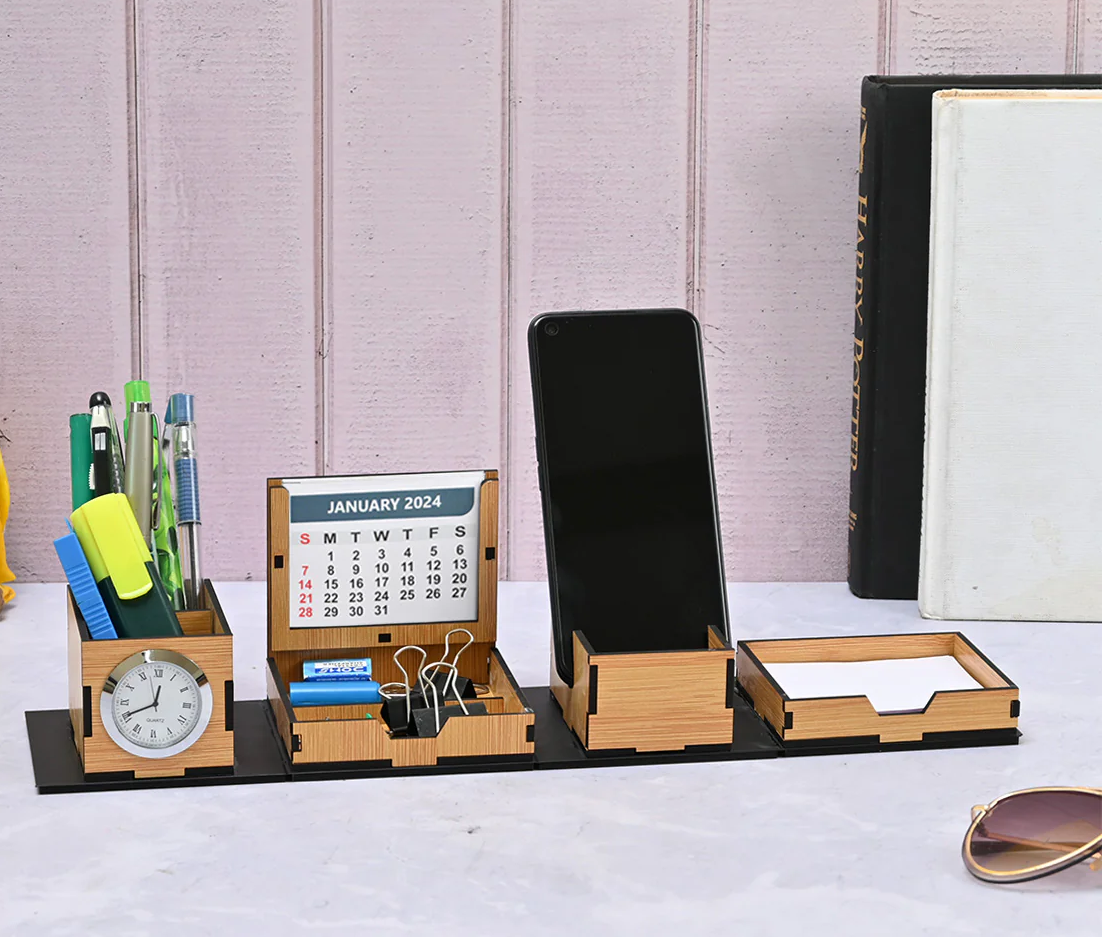 Foldable Office Desk Organizer With Clock, Calendar, Mobile Stand | Desk Accessories