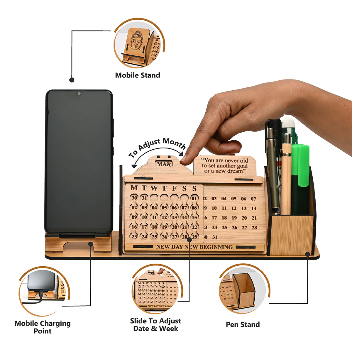 Lifetime Perpetual Calendar With Desk Organizer and Mobile Stand | Desk Calendar | Mobile Accessories | Corporate Gift